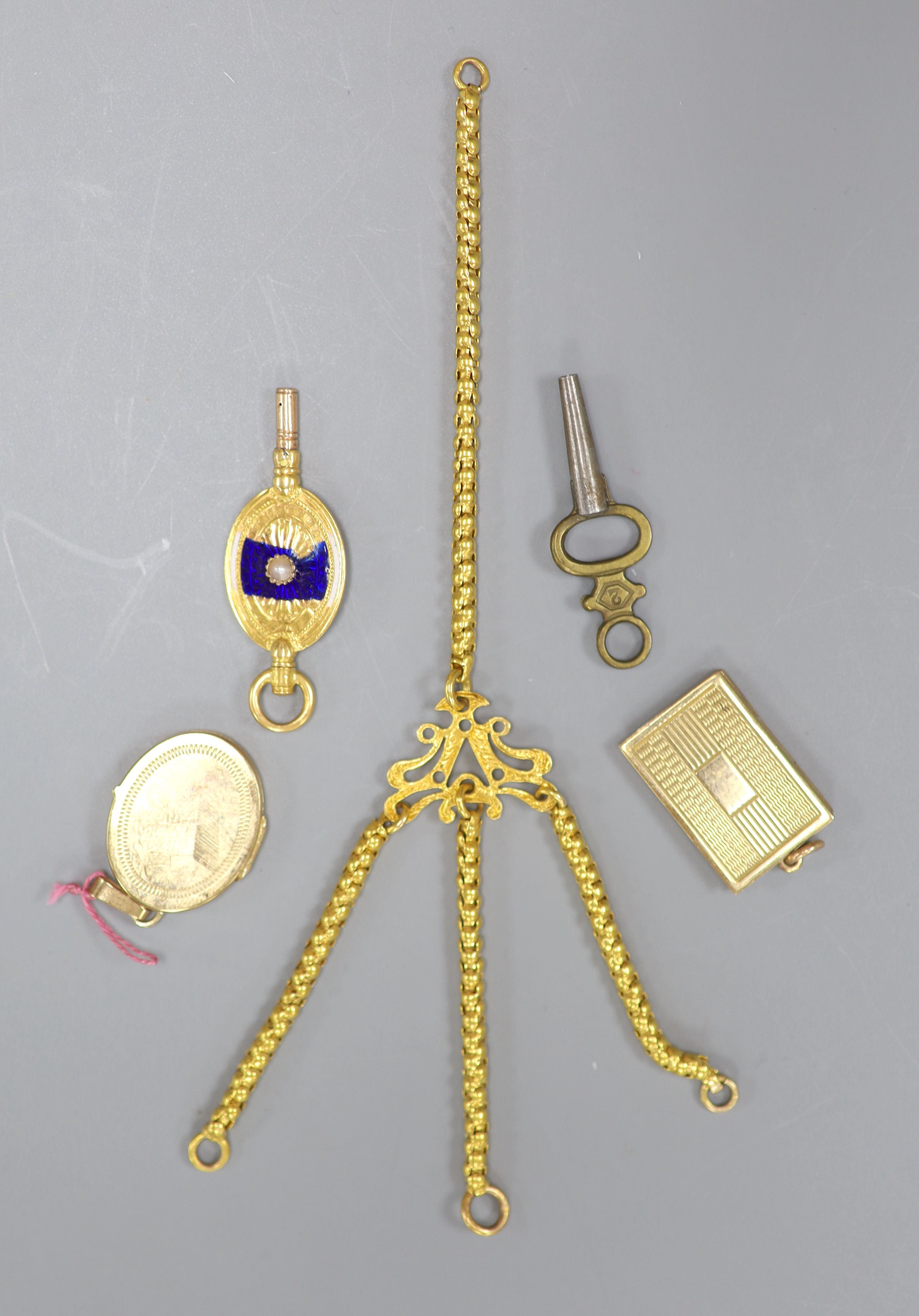 A yellow metal tassel fob? 13.2cm, 6.5 grams, two watch keys and two modern 9ct gold lockets